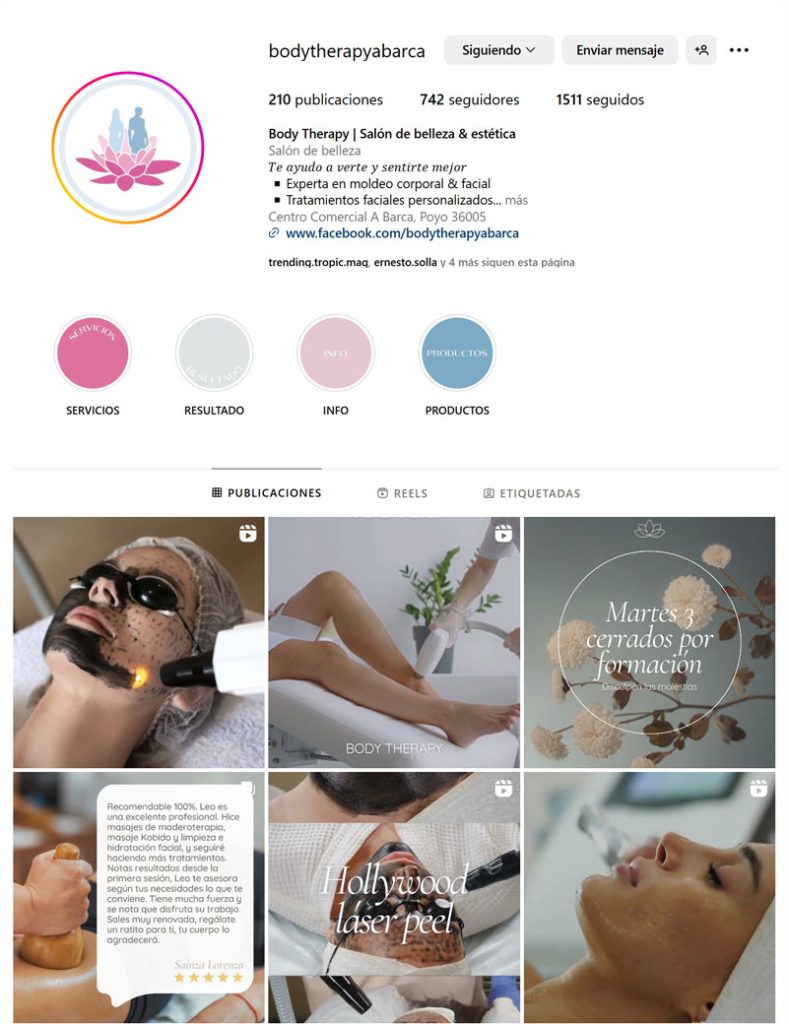 Vista en instagram del logotipo y paleta de colores para ilustrar la identidad del centro de estética Body Therapy en Abarca Poio Pontevedra